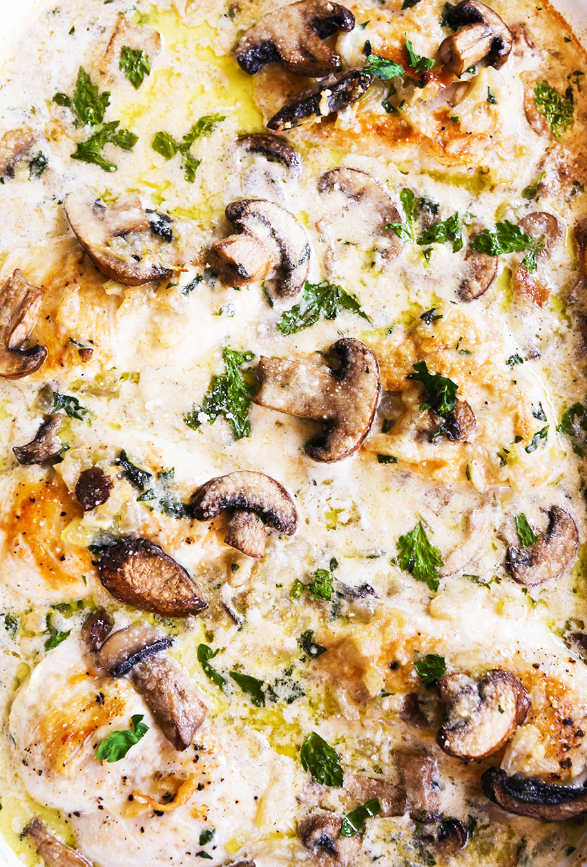 Close up top view of mushrooms swimming in a creamy mixture