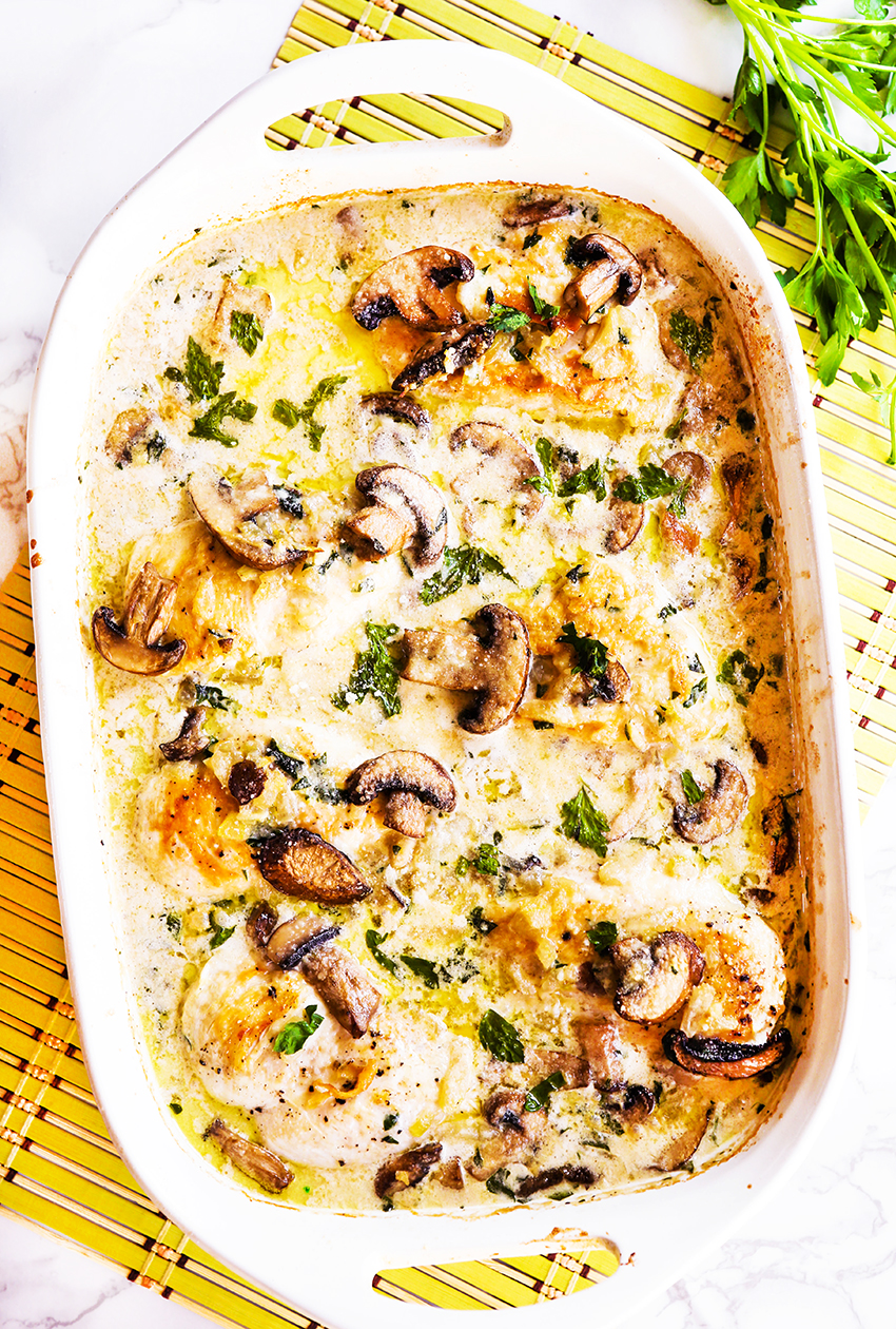 perfect pan of chicken and mushrooms ready to eat