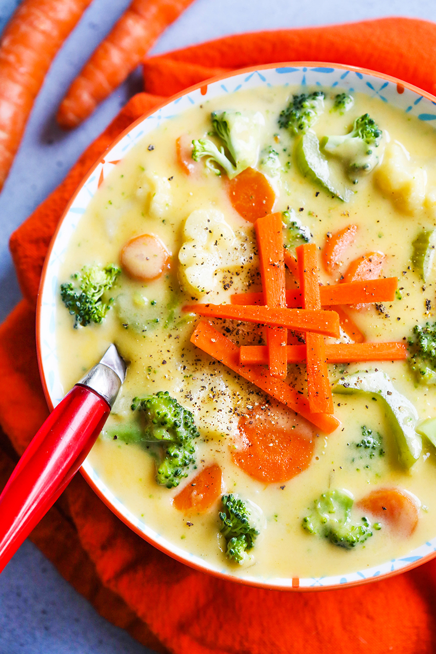 close up of a bowl of cheesy vegetable soup with julienned carrots on top