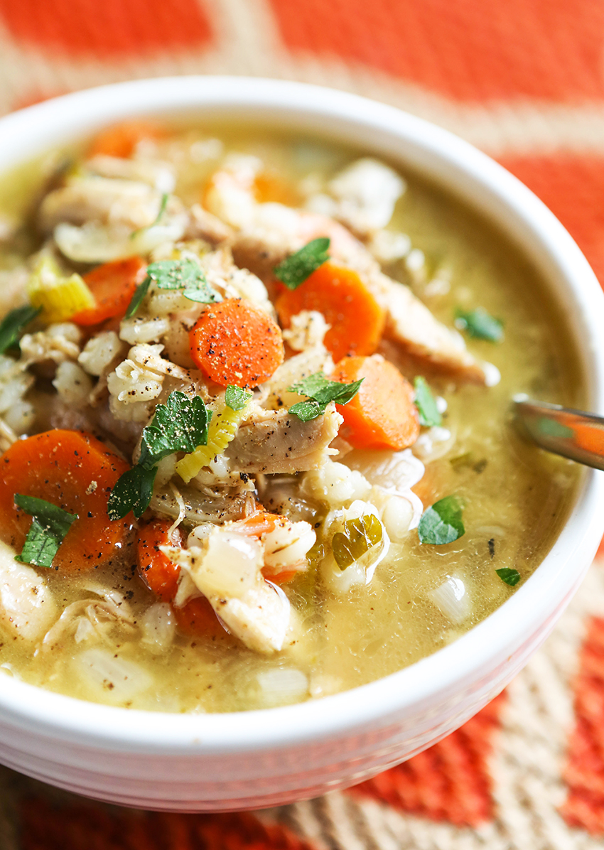 steaming bowl of turkey barley soup 