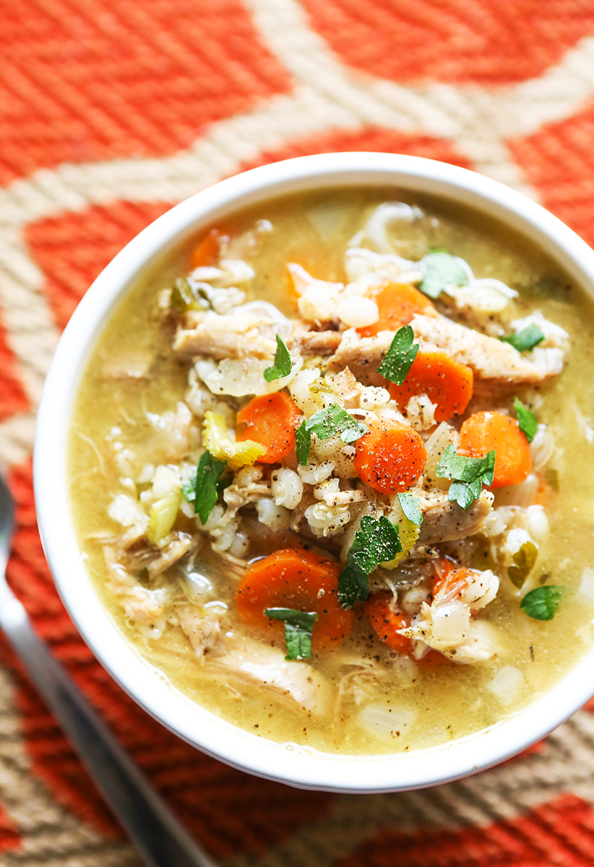 top view of a bowl of turkey barley soup