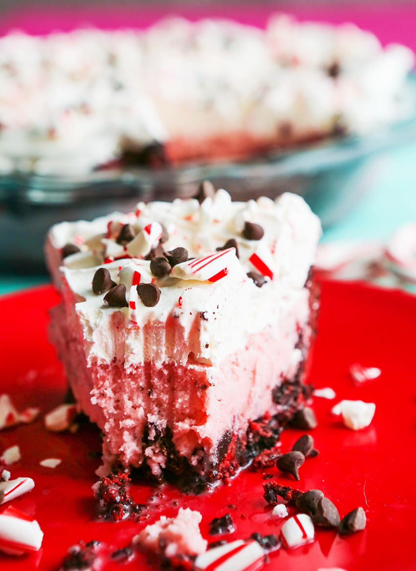 Slice of chick fil a peppermint shake pie with fork tine marks showing 