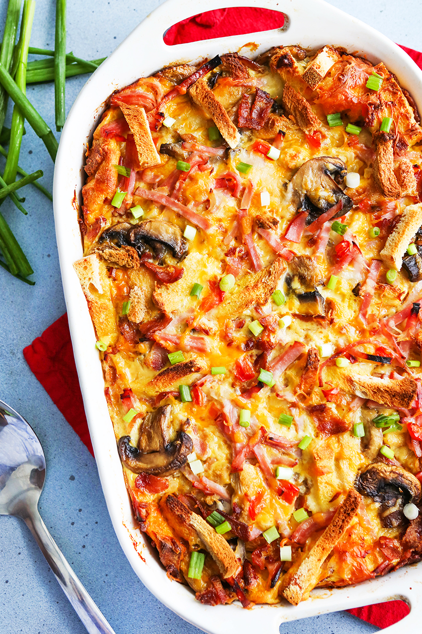 top view of a pan of christmas breakfast casserole ready to dig into