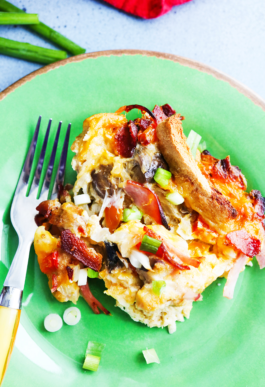 serving of colorful breakfast casserole on a green plate