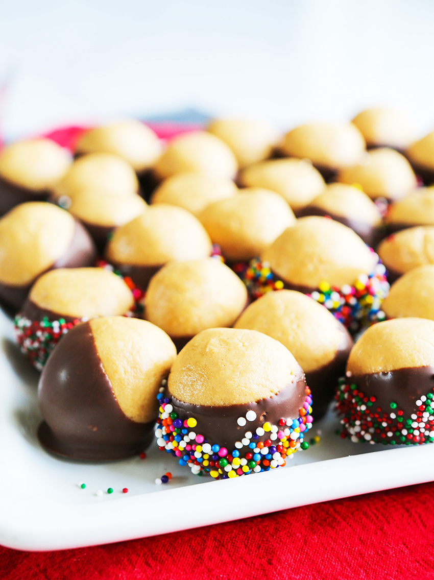 tray holding buckeye balls with sprinkles ready to serve