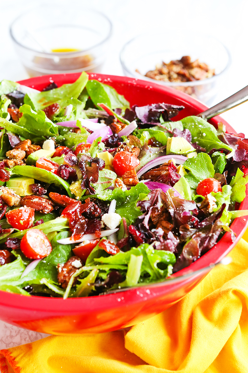 Close up of a large bowl of a chopped salad recipe