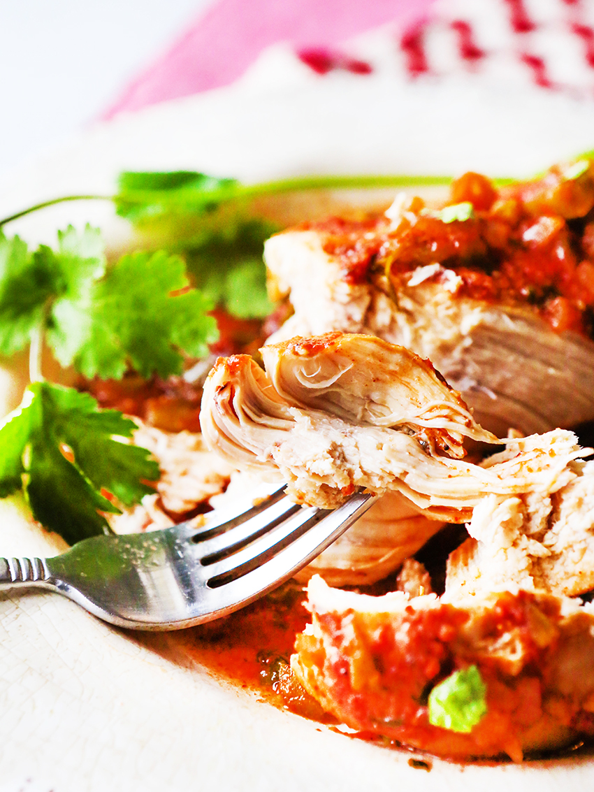 Forkful of perfectly cooked tender chicken covered in salsa