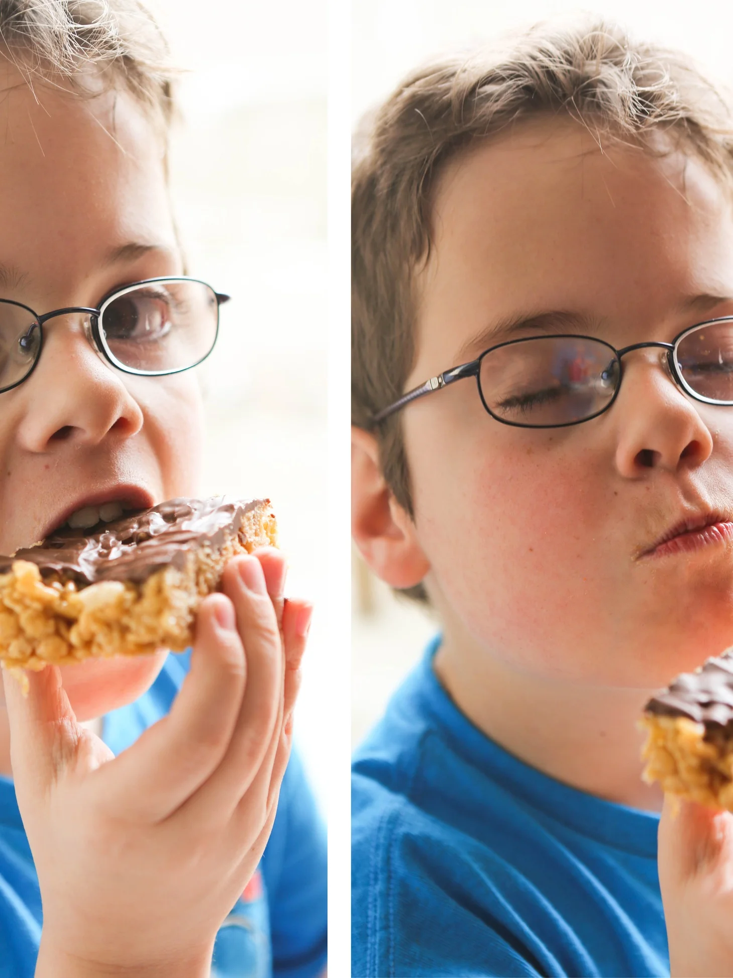 cute boy with glasses biting into a rice krispies treat
