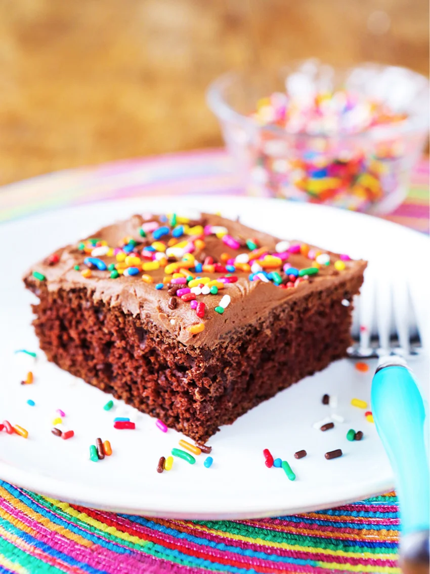 Perfect piece of chocolate cake with colorful sprinkles sitting on a white plate