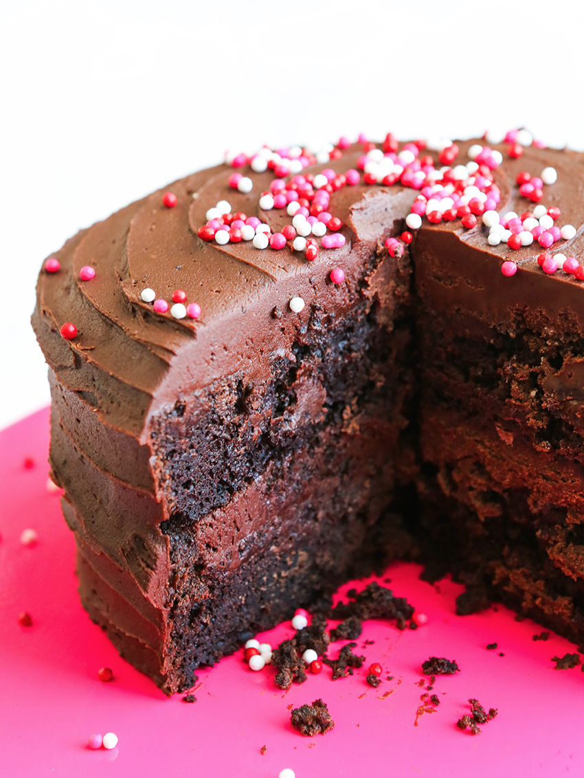 Inside of chocolate layer cake on a hot pink plate 
