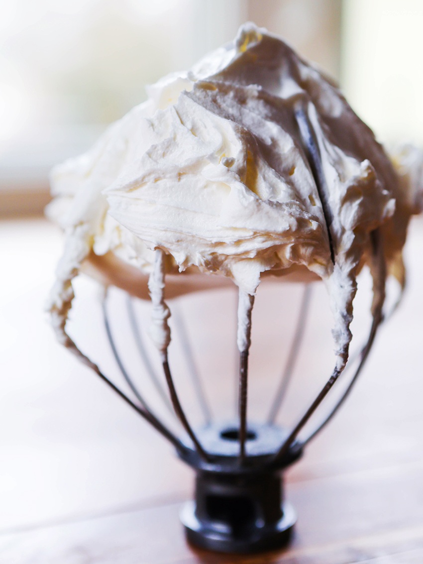 Stand mixer whisk standing up with peppermint buttercream still on the spokes