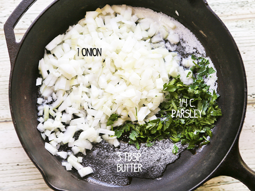 Parsley, onion and butter in skillet 