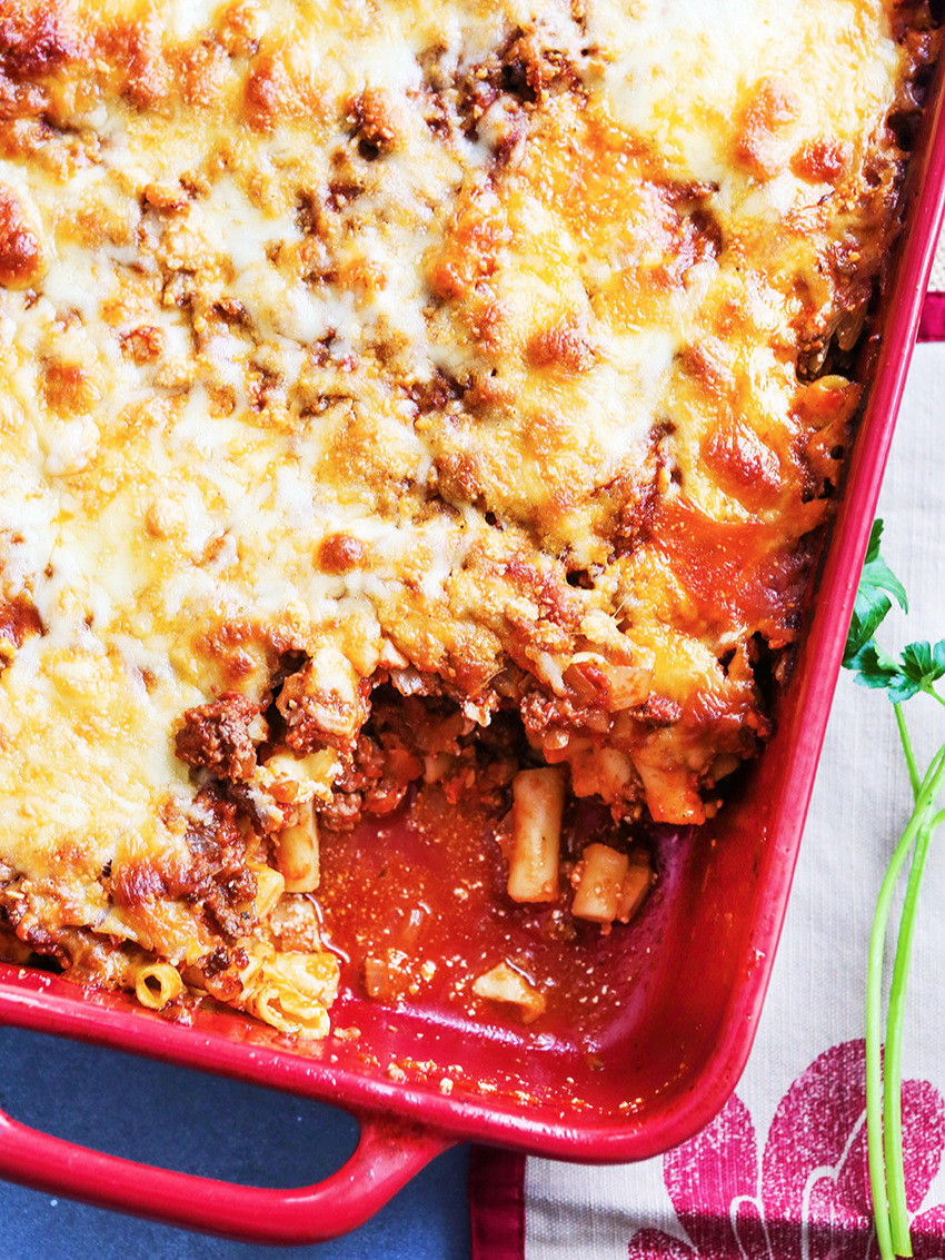  Pan of cheesy baked ziti with sour cream