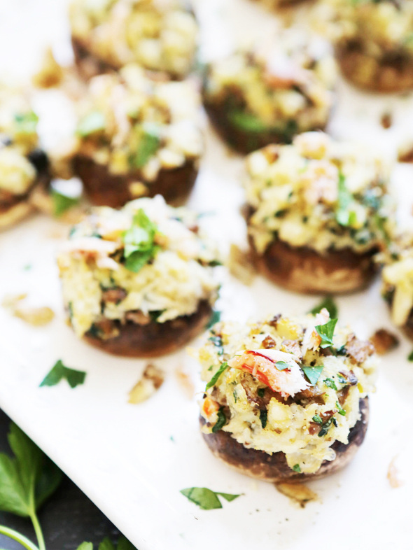  Tray of crab stuffed mushrooms ready to eat 