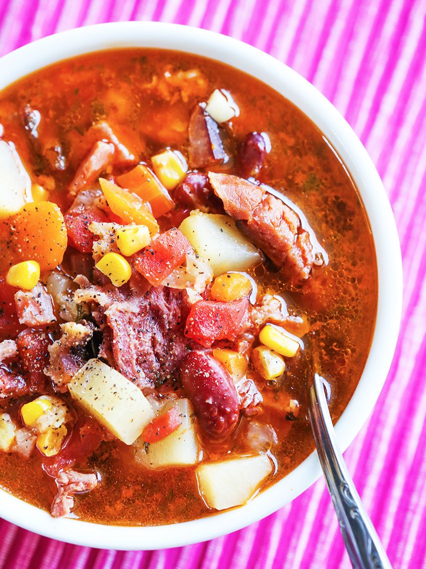 top view super close up of a bowl of instant pot ham bone soup