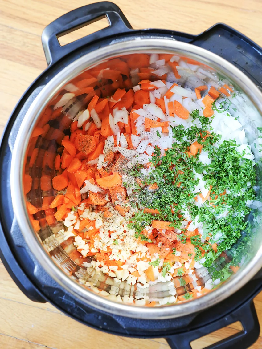 top view of veggies in Instant Pot