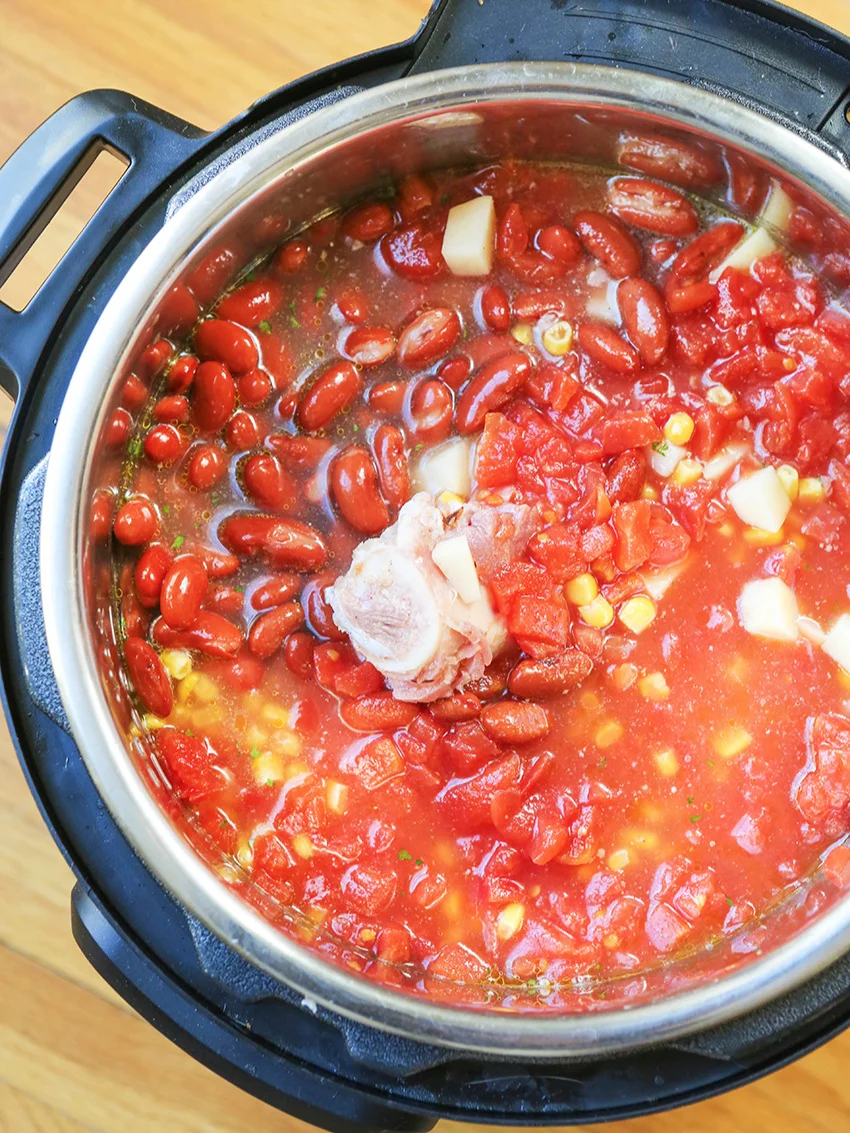 top view of all instant pot ham bone soup ingredients ready to cook