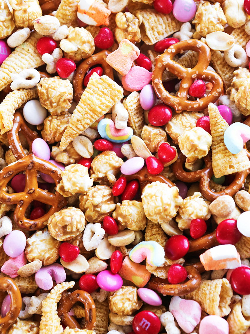 close up of valentine snack mix ingredients