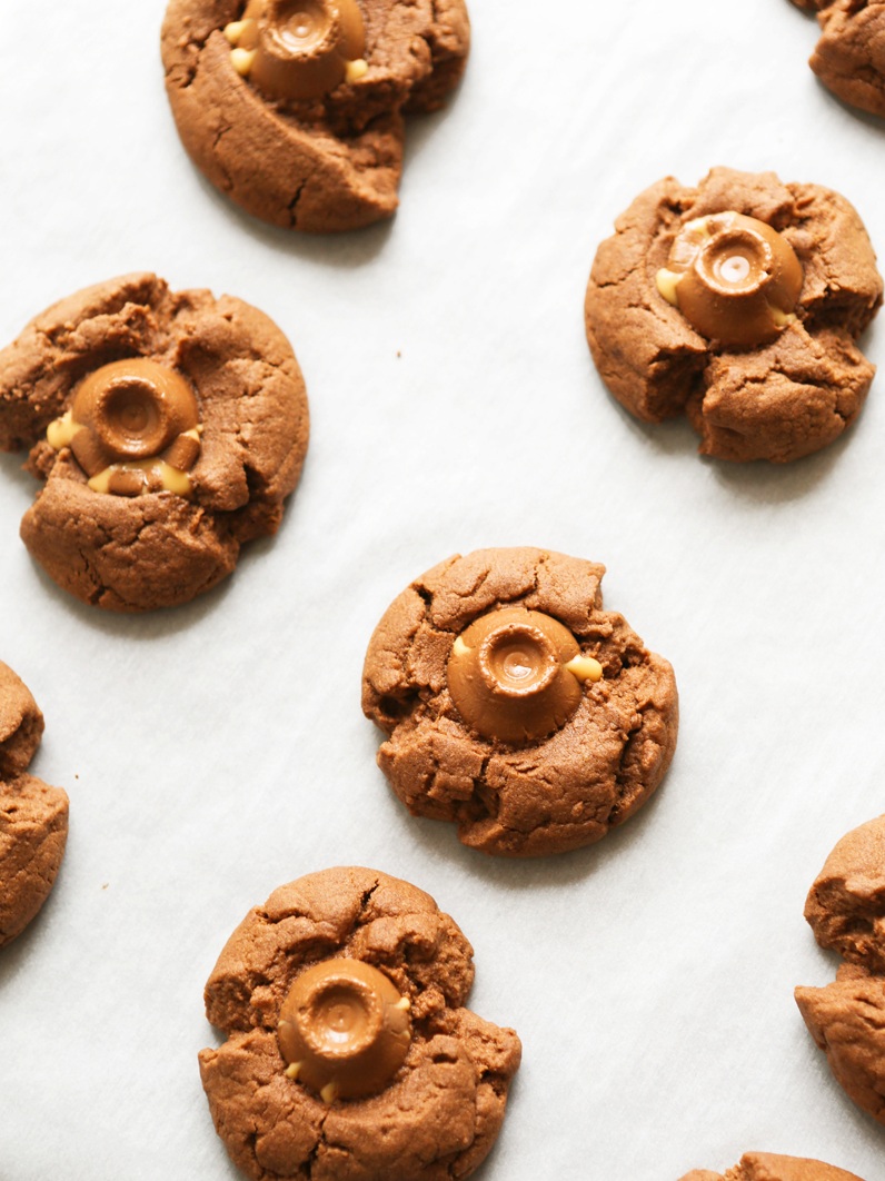  Looking down on chocolate rolo thumbprint cookies 