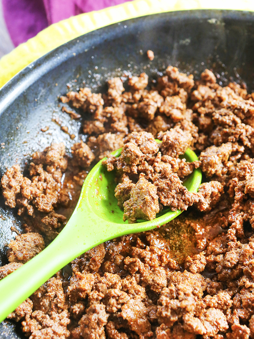  Skillet filled with taco meat 