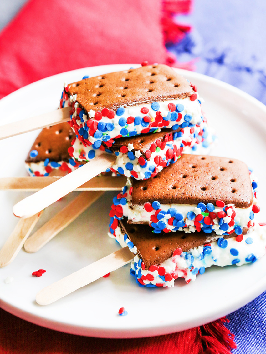Stack of ice cream sandwiches with sprinkles on a plate