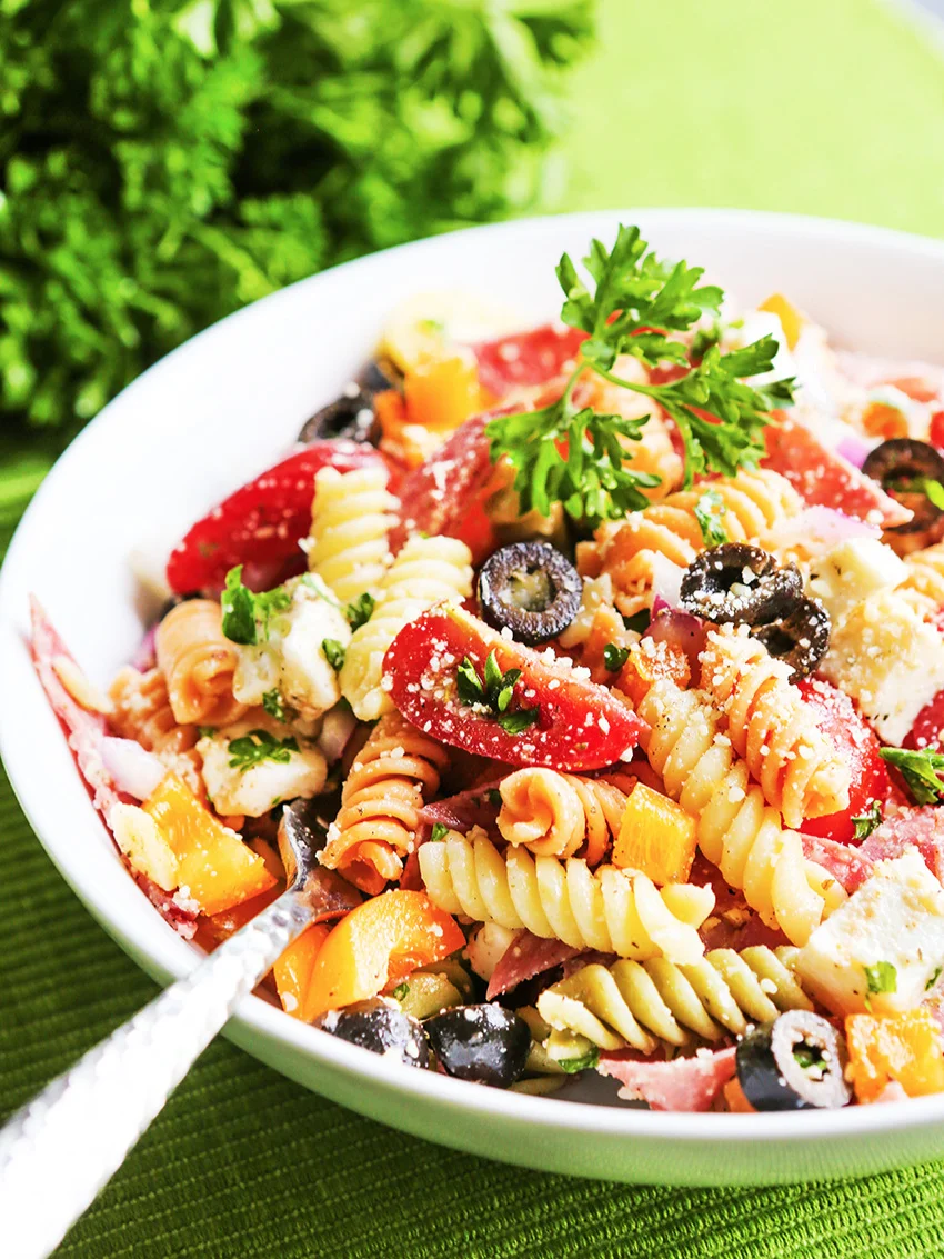 Bowl of Italian Pasta Salad with fork 