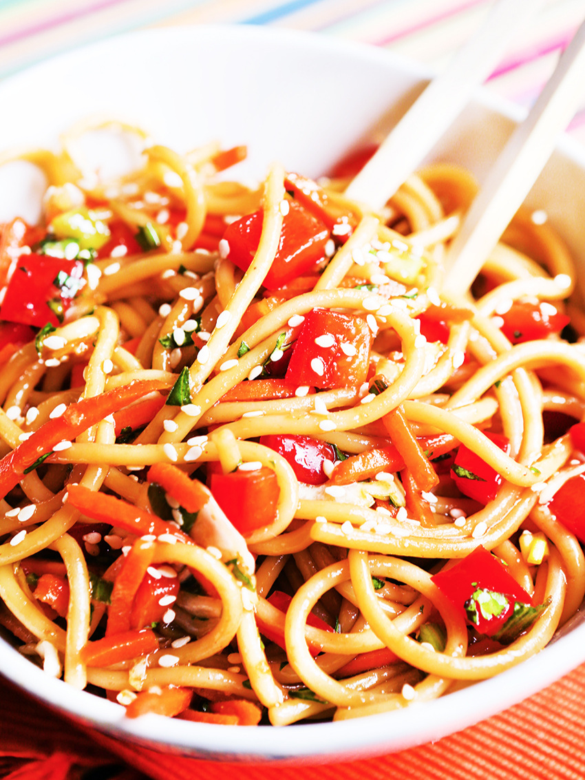  Close up of Asian pasta salad with sesame seeds 