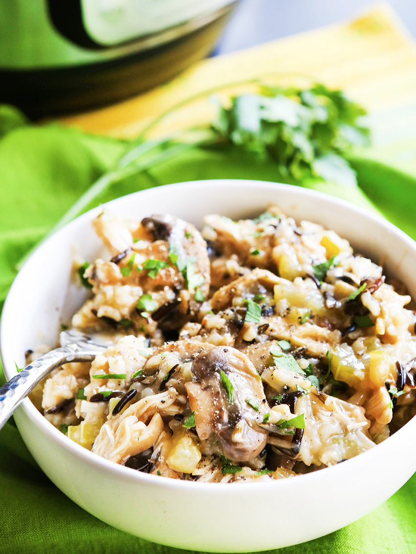 bowl of instant pot chicken and rice sitting next to an Instant Pot