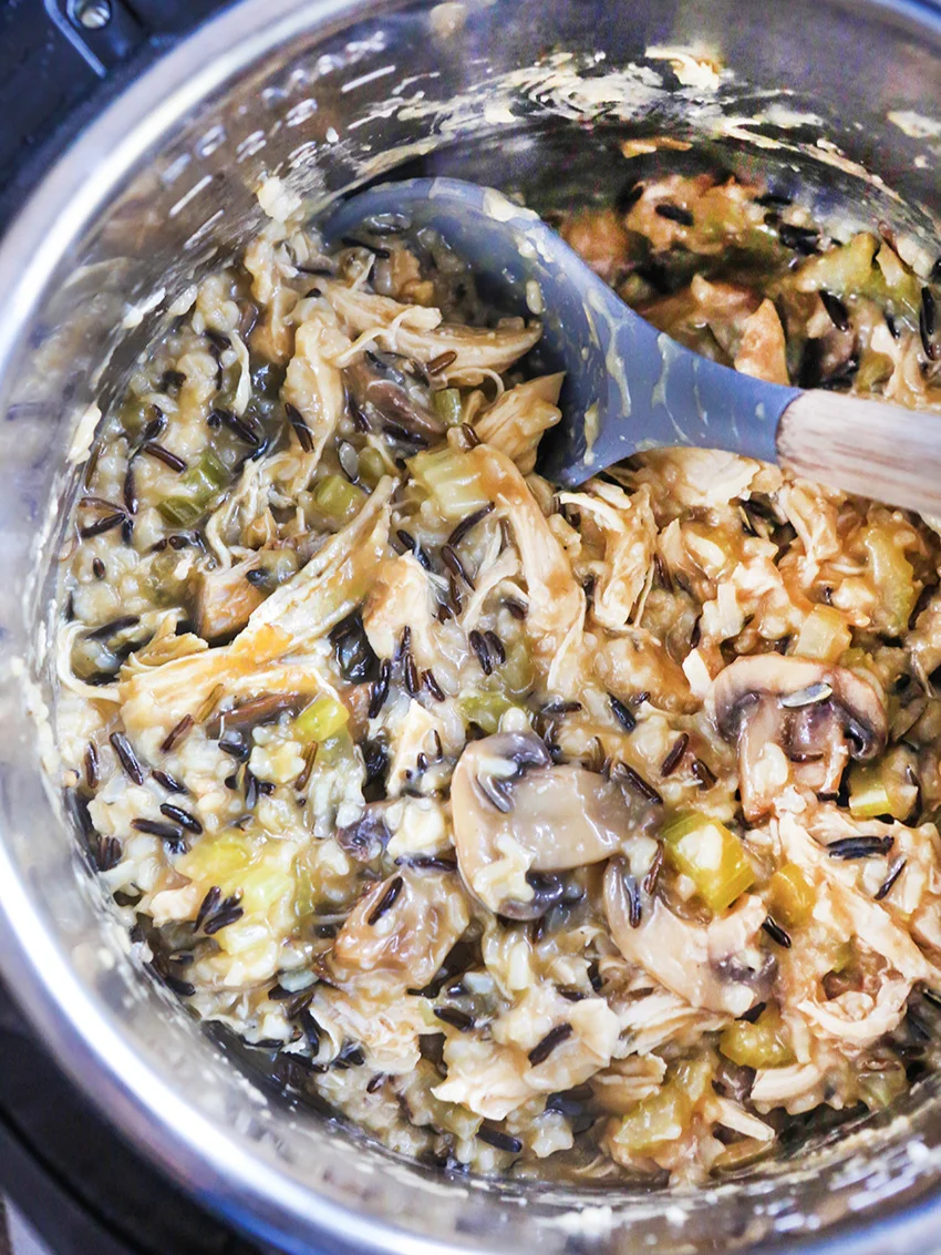 top view of creamy chicken, mushroom and celery mixture in instant pot