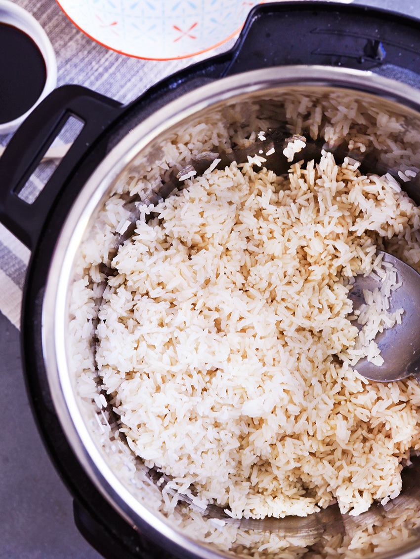 top view of instant pot filled with rice