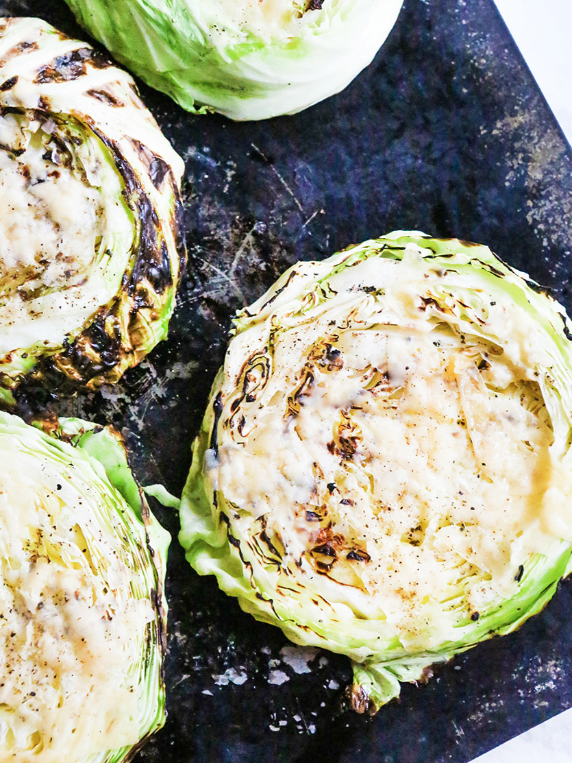 Top view of grilled cabbage steaks