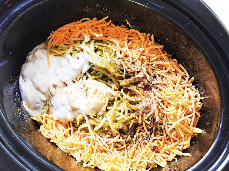 Crockpot Green Bean Casserole ingredients in a slow cooker
