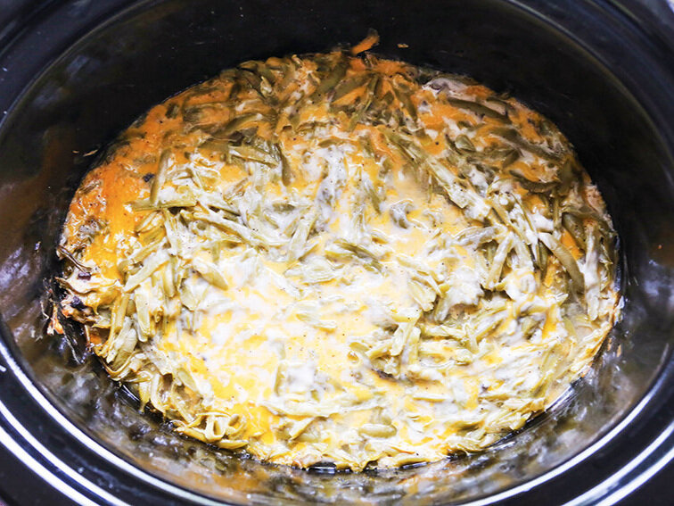 Cheesy casserole in crockpot after cooking