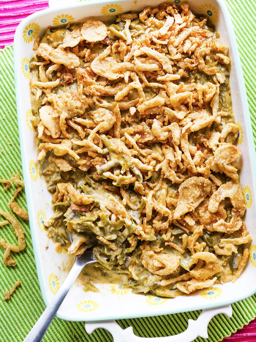 Top view of Crockpot Green Bean Casserole with French fried onions on top