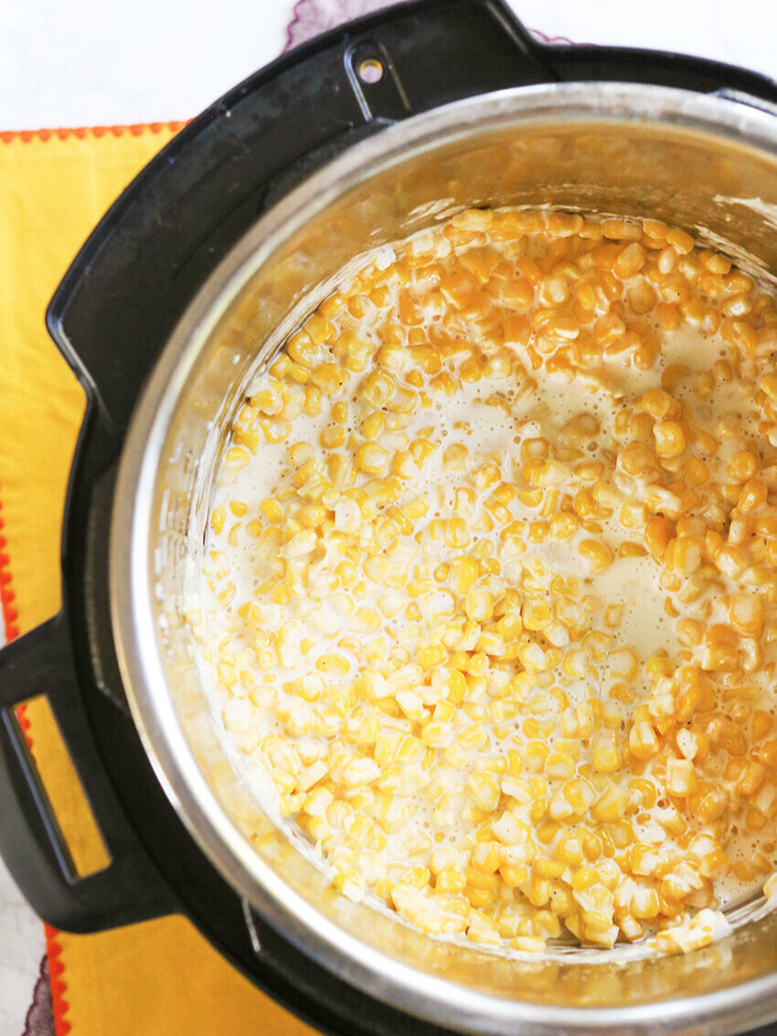 instant pot creamed corn in pressure cooker top view 