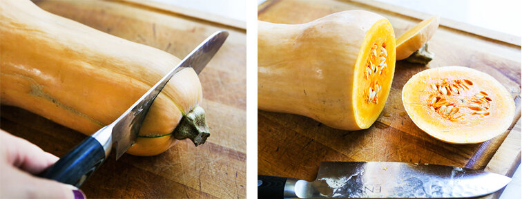 Sharp knife cutting off ends of a butternut squash. 