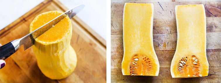  Slicing a butternut squash down the center with a knife 