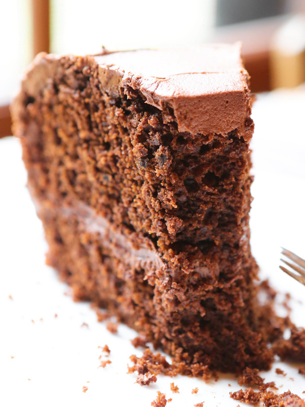  Slice of chocolate cake with bite taken out 