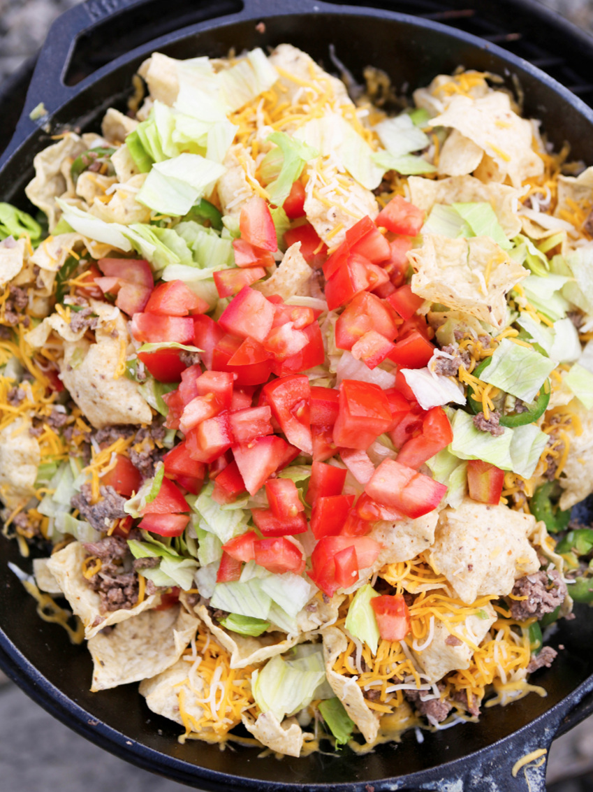 Campfire nachos in a cast iron skillet 