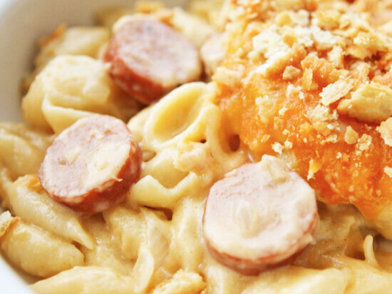  close up of apple sausage mac and cheese 