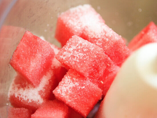  Watermelon pieces with sugar in food processor 