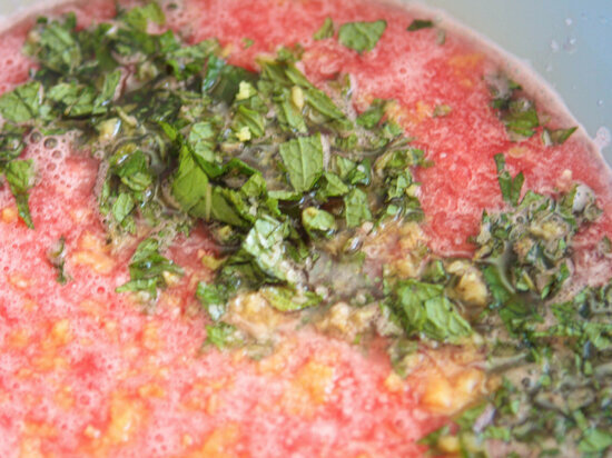  Mint leaves tossed over watermelon puree 