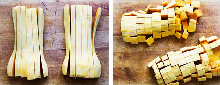  sliced and cubed squash on cutting board 