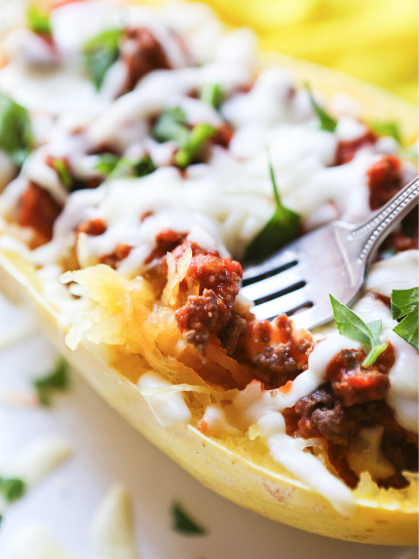 Stuffed Spaghetti Squash Ground Beef and Cheese Bowls