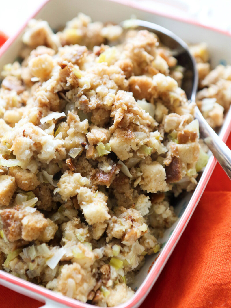  Serving dish piled high with stuffing 
