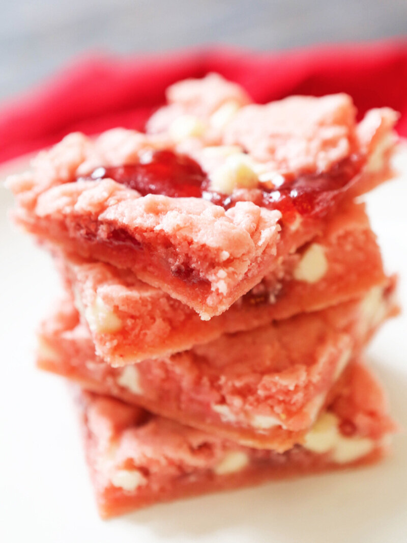  perfect stack of strawberry brownies with white chocolate chips 