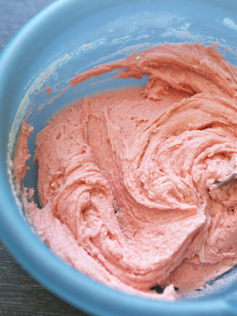  strawberry brownie batter in mixing bowl 
