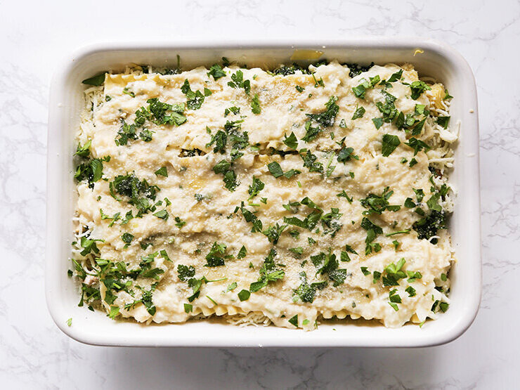 top view of pan of white lasagna ready to be baked 