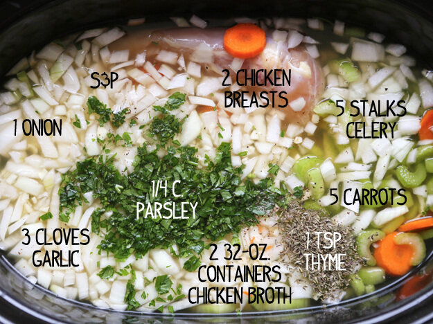  crockpot full of chicken noodle soup ingredients 