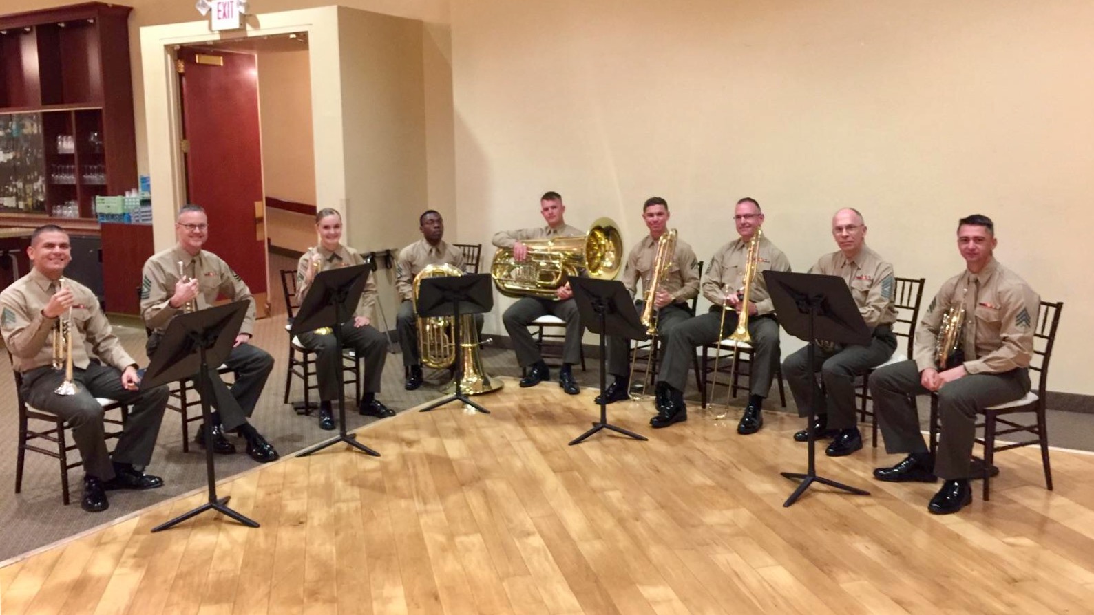 Getting ready to perform as a double brass quintet for a marine's retirement ceremony at Camp Pendleton